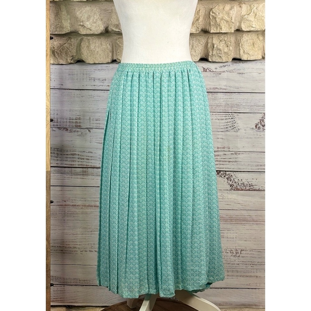 Leslie Fay Teal White Geometric Accordion Pleat Midi Skirt Petite 16P - Picture 3 of 9